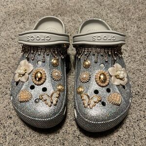 CROCS Silver Glitter Clogs with Gold Accents